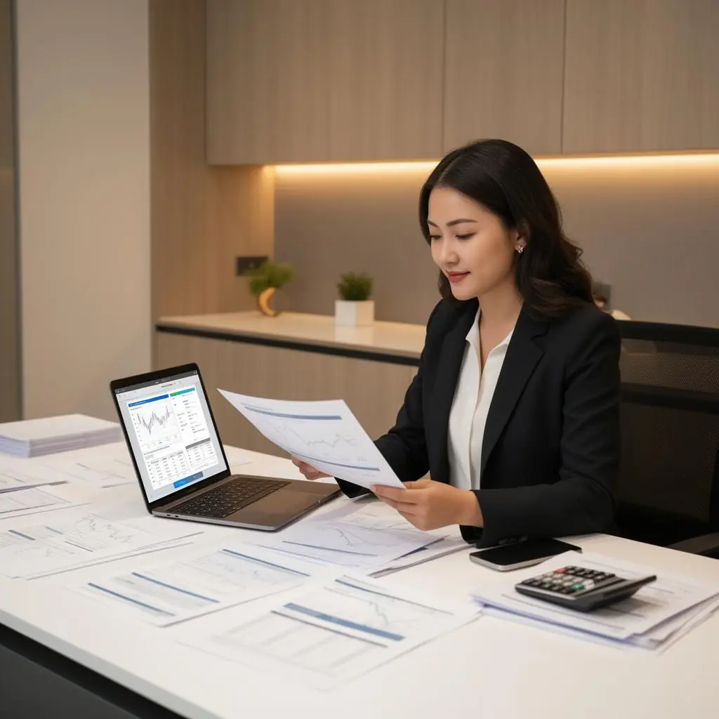 Bookkeeper reviewing monthly financial reports for an organization
