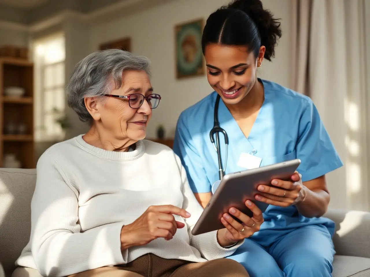 Home health caregiver reviewing care notes with an elderly patient
