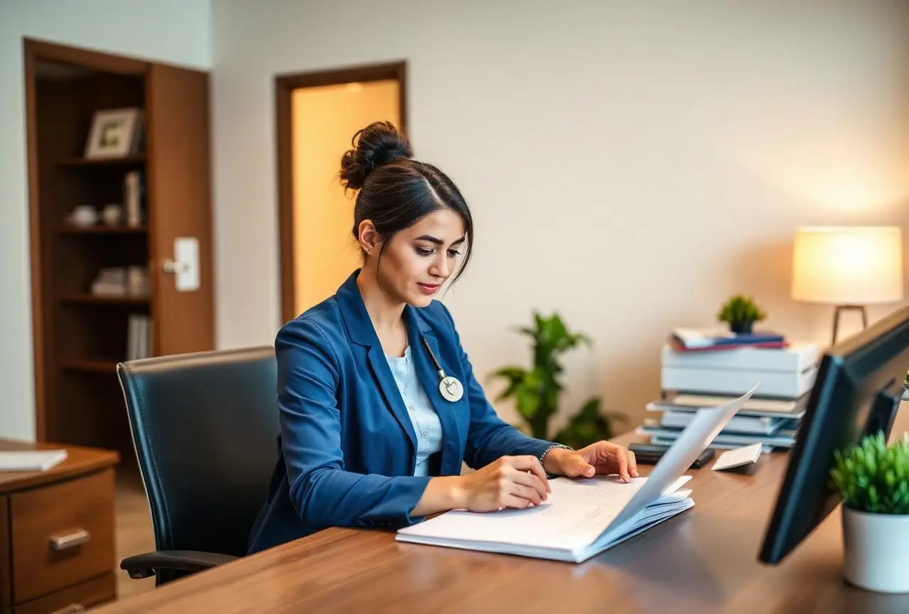 Home health agency administrator reviewing payroll and reimbursement reports with a bookkeeper