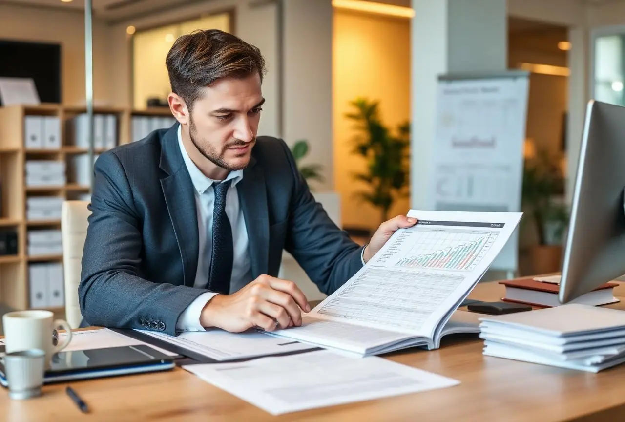 Professional reviewing financial reports for law firm