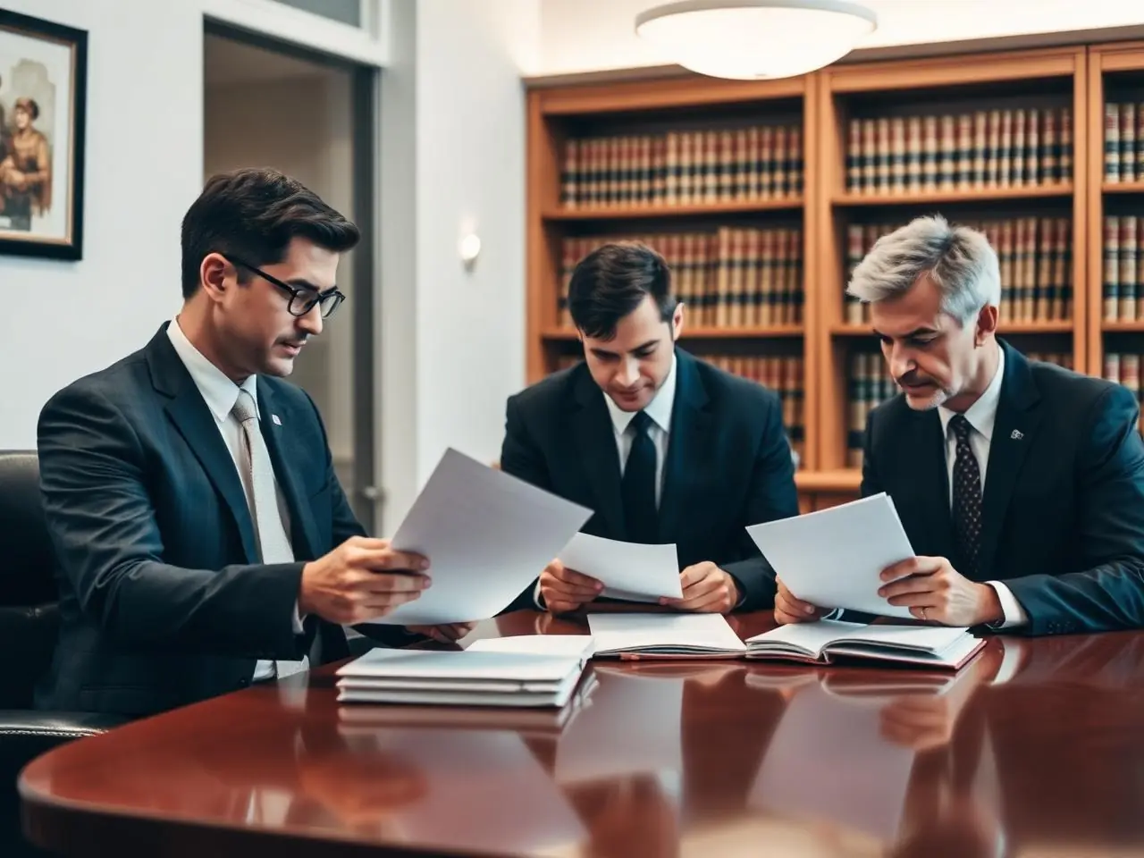 Attorneys reviewing legal documents in a law office