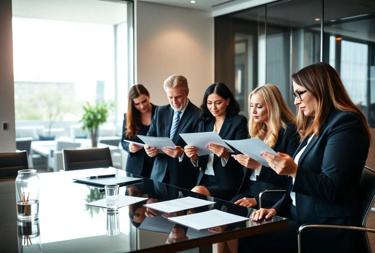 Attorneys reviewing financial documents in meeting
