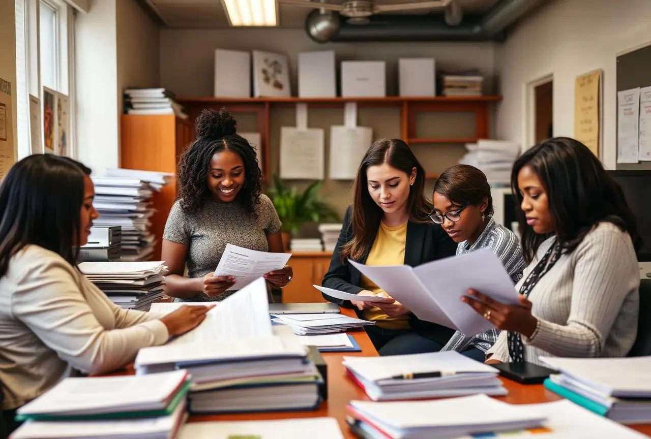 Non-profit office team reviewing reports
