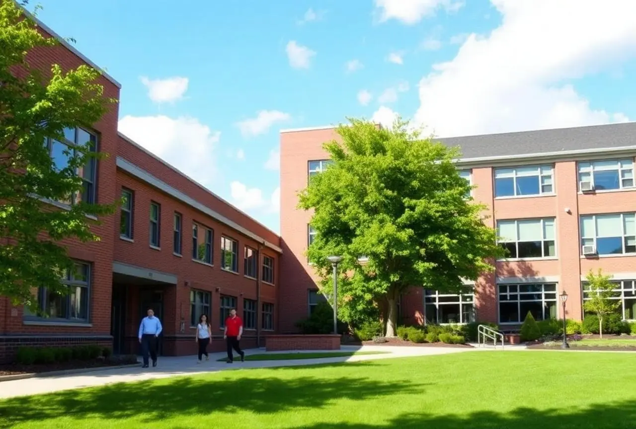 Modern school campus with students